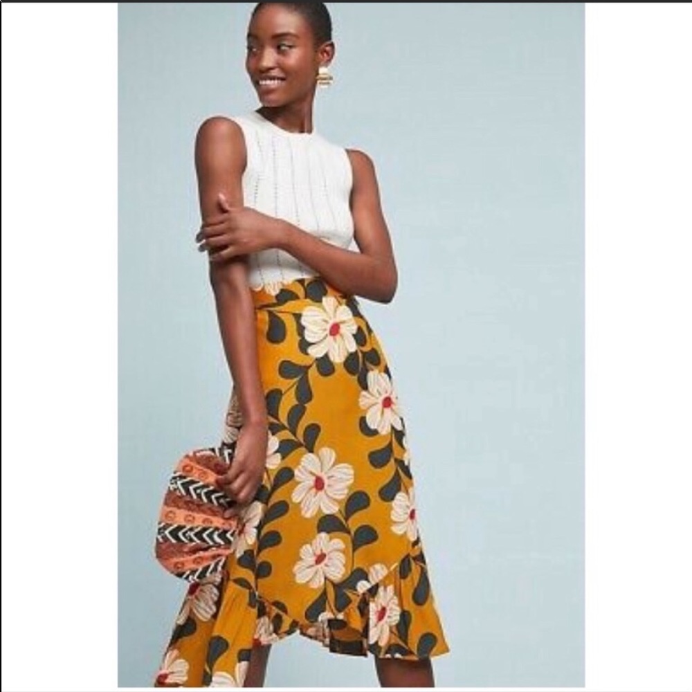 Anthropologie Mustard Floral Midi Skirt